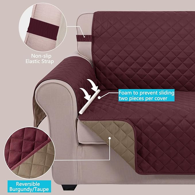 U-NICE HOME Large Sofa Cover Reversible Couch Cover for Dogs with Elastic Straps Water Resistant Furniture Protector for Pets Couch Cover for 4 Cushion Couch (Oversized Sofa, Burgundy/Tan)
