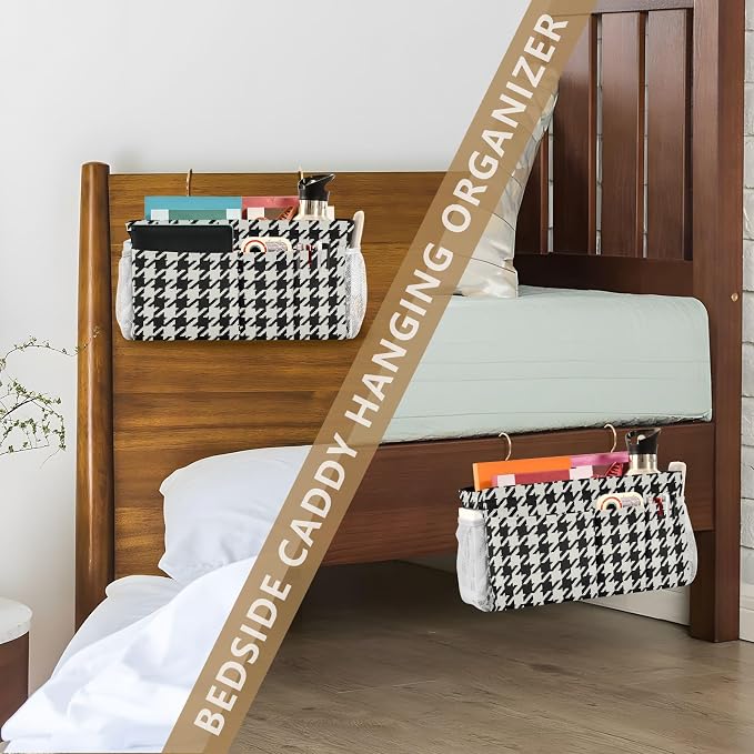 Classic Houndstooth Print Bedside Caddy Storage Bag Bedside Organizer - Image 7