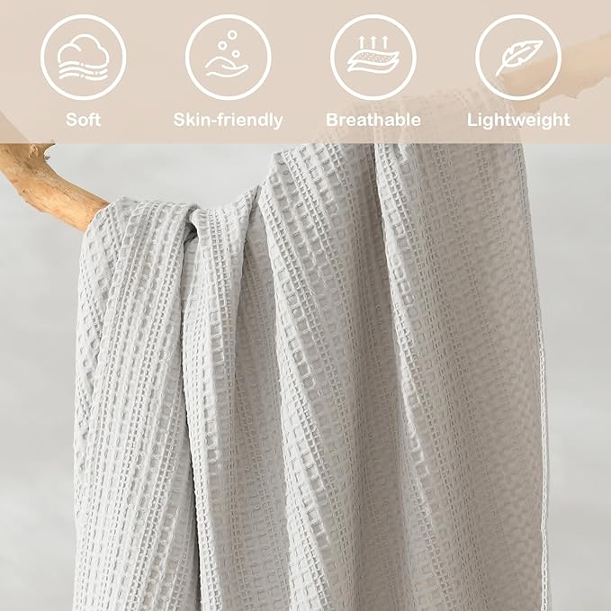 100% Cotton Waffle Blanket with Fringe, Pre-Washed Waffle Weave Blanket for All Season, Lightweight Breathable Soft Cozy Throw Blanket for Couch, Bed, Travel (Light Grey - 50x60 Inches)