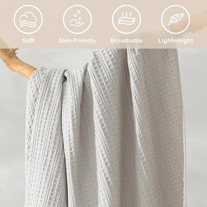100% Cotton Waffle Blanket with Fringe, Pre-Washed Waffle Weave Blanket for All Season, Lightweight Breathable Soft Cozy Throw Blanket for Couch, Bed, Travel (Light Grey - 50x60 Inches)