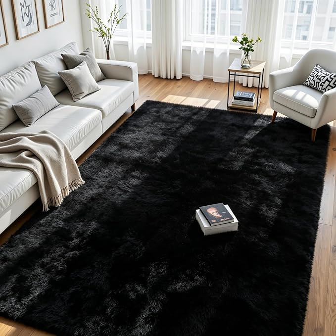 5x8 Fluffy Area Rug for Living Room: Soft Non-Slip Black Bedroom Carpet | Ultra by Oriannal