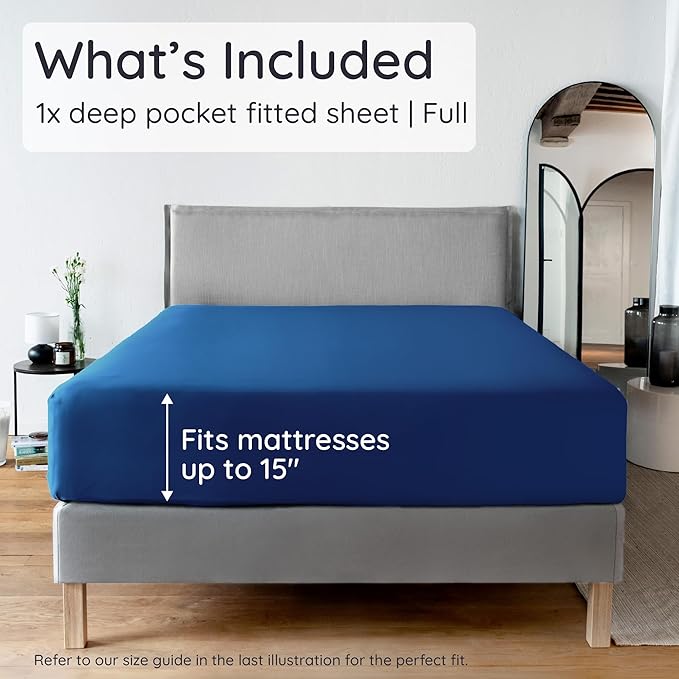 Bambaw 100% Viscose Derived from Bamboo Full Fitted Sheet, Cooling Fitted Sheet Full Size, Navy Blue Fitted Sheet Only, 15’’ Deep Full Bed Fitted Sheet Only, Full Mattress Fitted Sheet (Navy Blue)