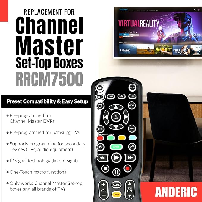 ANDERIC RRCM7500 for Channel Master DVR Remote Control CM7500XRC2 Replacement Remote for Channel Master - Works 100% - Works CM7500XRC2, CM7500GB16, CM7001, CM7004, CM7500TB1