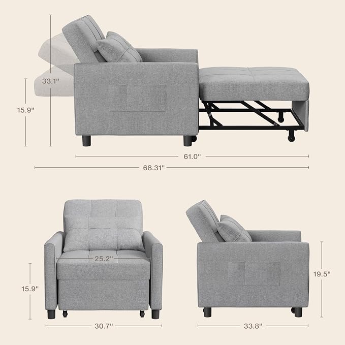 Aiho Convertible Sleeper Chair 3-in-1 Sofa Bed, Light Gray | Adjustable Backrest - Image 3