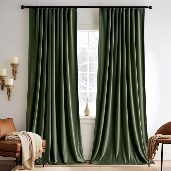 MIULEE Olive Green Velvet Pinch Pleat Blackout Curtains W52 X L108 Inches | 2 by MIULEE
