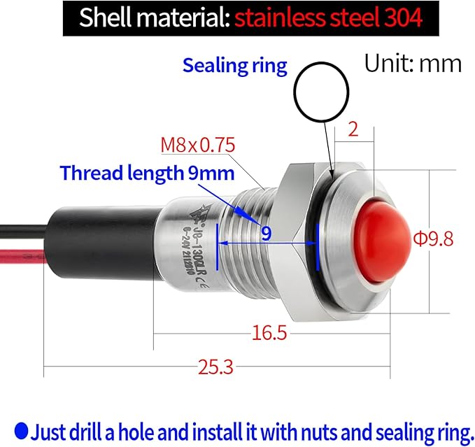ZGSZJHF UL Listed Mini Indicator Light 8mm 0.31" Waterproof Domed Metal Stainless Steel Signal Lamp 12V-24V DC/AC Red and Green LED Light with 140mm Wire