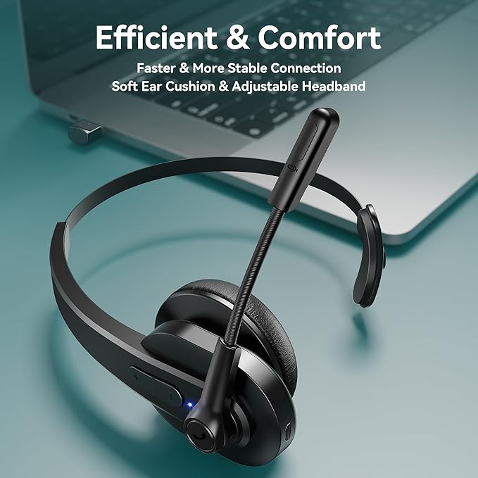 Sarevile Bluetooth Headset with USB Dongle for Computer, Single-Ear Wireless Headset with Noise Cancelling Microphone for Office & Truckers, Bluetooth V5.2 with Mute Button for Work