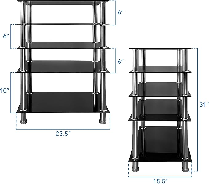 Mount-It! Tempered Glass AV Component Media Stand, Audio Tower and Media Center with 5 Shelves, 220 Lbs Total Capacity, Black Shelves Chrome Legs (MI-8671)