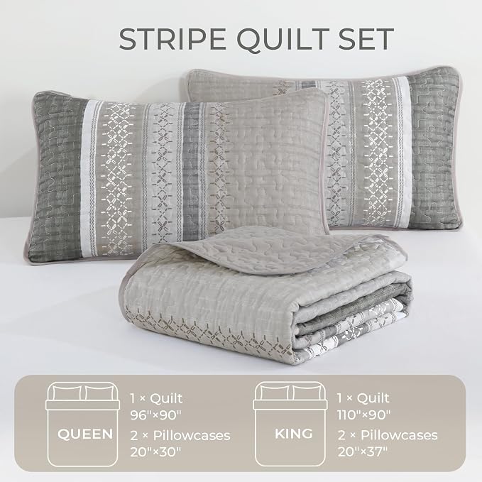 Cottolester Quilt Set King, Taupe Grey Striped Patchwork Bedspread | Modern - Image 5