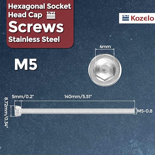 Kozelo 4pcs Socket Head Cap Screws - [M5-0.8 x 140mm] 304 Stainless Steel Allen Socket Drive for Electrical Motor 3D Printing Fan Engine Replacement Use, Silver