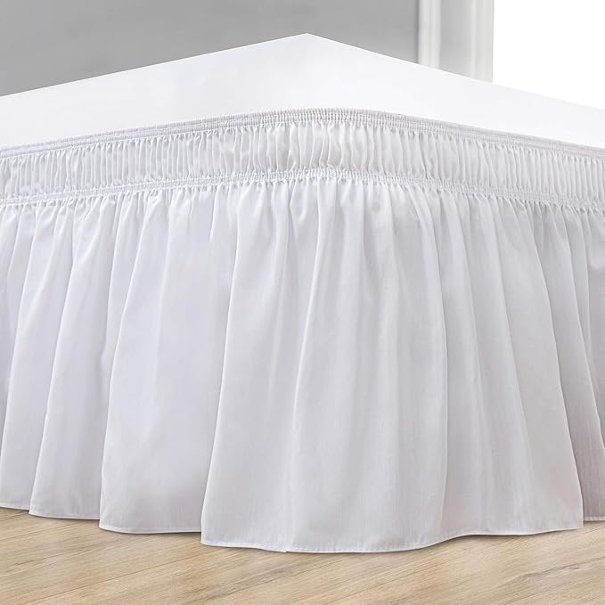 White Wrap Around Bed Skirts with 16" Drop - Three Sides Fabric Adjustable Elastic Dust Ruffle Silky Soft -600 TC Stretchy Bed Skirt-King(76"X 80") White