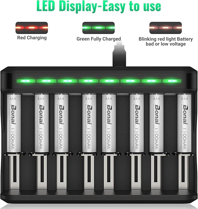 BONAI AAA Rechargeable Batteries, 8 Pack 1100mAh NiMH Batteries with Smart Universal Battery Charger