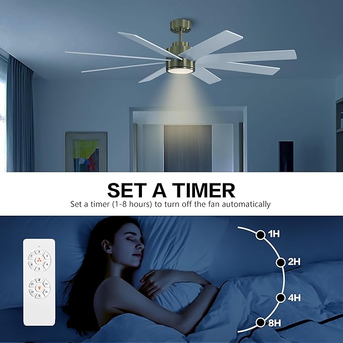 WINGBO 60" Large DC Ceiling Fans with Lights and Remote, 3 Downrods, 8 Plywood Blades, 6-Speeds Reversible DC Motor, 3CCT, Indoor Ceiling Fan for Bedroom Living Room Patio, Brass and White