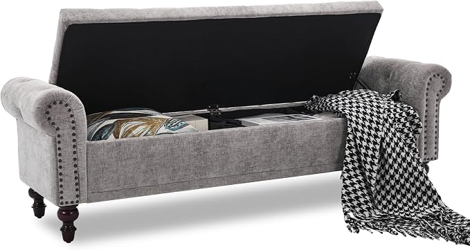 SOFTHION 67" Storage Bench for Bedroom, Chenille Upholstered, Light Grey | King - Image 3