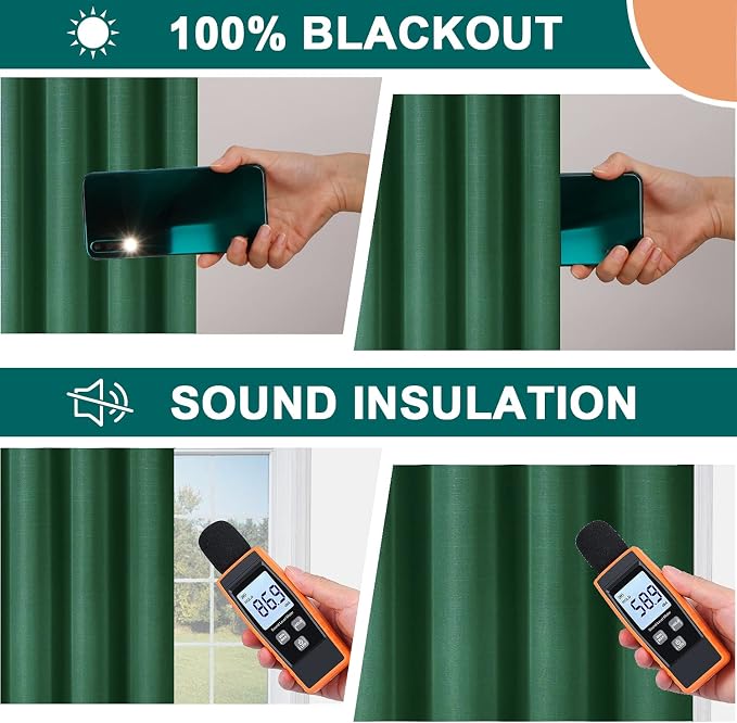 Diraysid 100% Blackout Curtains Dark Green Linen Curtains - Image 3