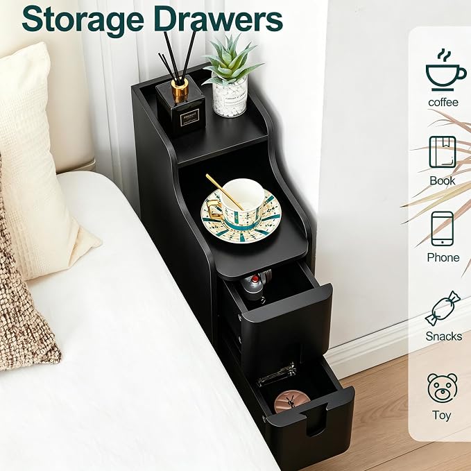 Black Narrow Nightstand, Wood 2 Drawer Small Nightstand, Slim Side Table - Image 6