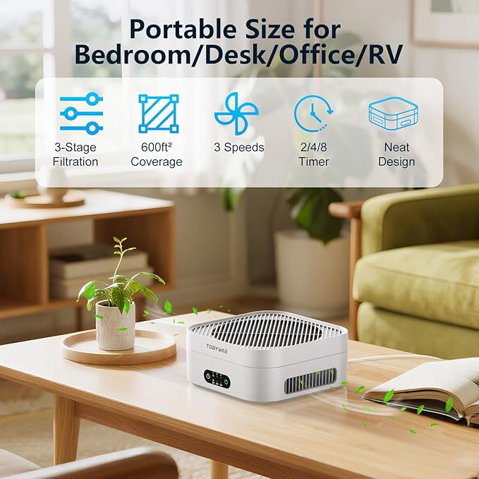 TDBYWAE Air Purifiers for Home Bedroom Up to 600 ft², True HEPA Air Purifier for Pets Dust Dander Pollen Odor Smoke, Portable Car Air Purifier for Travel