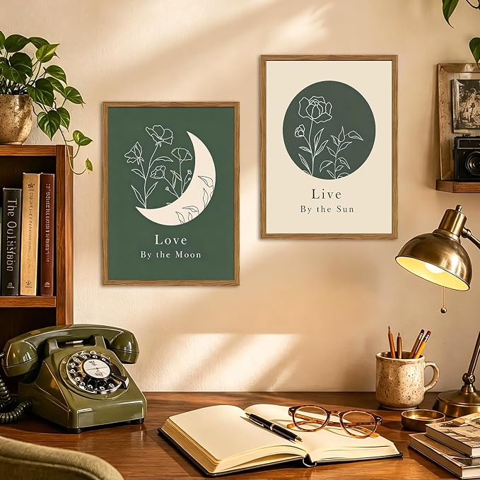 Framed Boho Sun and Moon Wall Art Set of 2, Sage Green Floral Line Pictures - Image 6