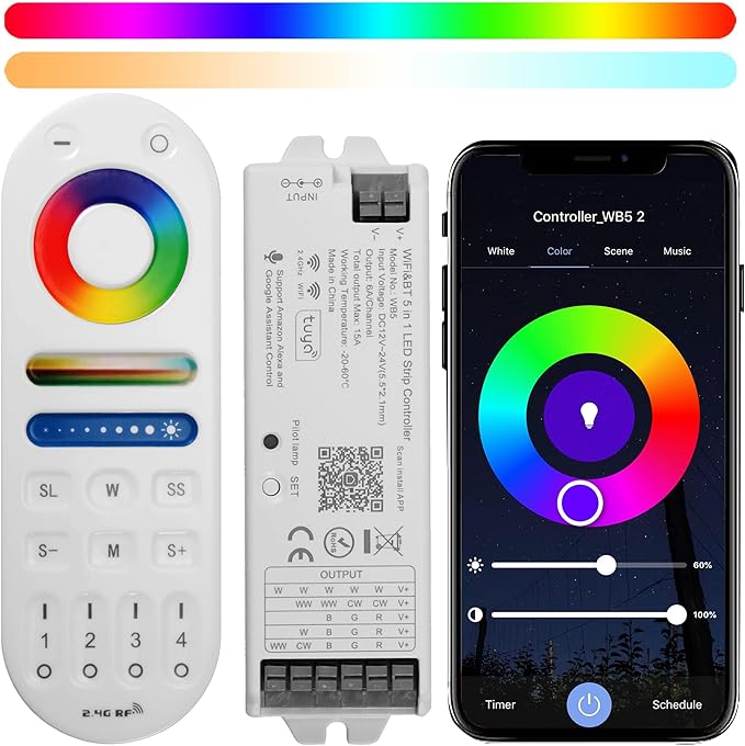 XXK LM091+WB5 WiFi Remote Controller Kit for RGB CCT RGBW Dimming LED Strip Lights, 4-Zone RF Wireless Control + DC12-24V 5-in-1 LED Controller Compatible with Alexa Google Home Smart Life Tuya APP