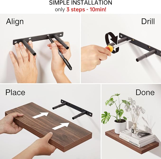 BAYKA Walnut-Like Floating Shelves 15.7in, 3 Pack, Wall Mounted Wall Decor | - Image 8