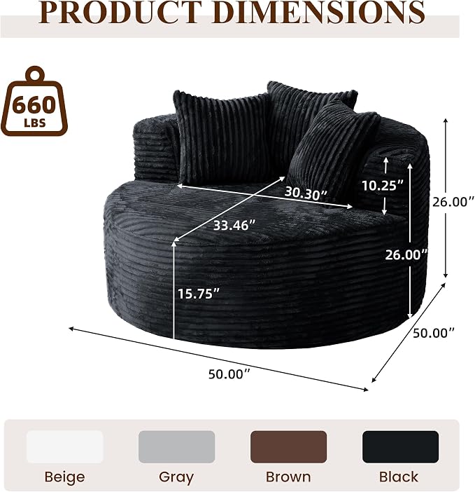 50" Round Chaise Lounge Chair Indoor, Oversized Corduroy Upholstered Boneless - Image 2
