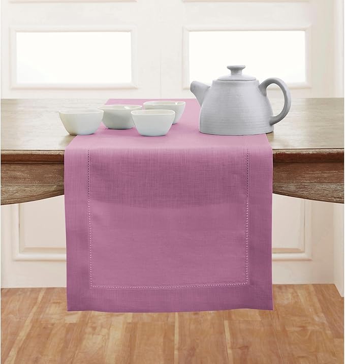 Solino Home Linen Violet Table Runner 90 Inches Long - 100% Pure Linen Hemstitch 14 x 90 Inch Table Runner for Dining - Classic Hemstitch