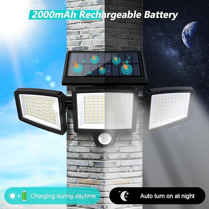 Tuffenough Solar Outdoor Lights 2500LM 210 LED Security Lights with Remote Control,3 Heads Motion Sensor Lights, IP65 Waterproof,270° Wide Angle Flood Wall Lights with 3 Modes(3 Packs)