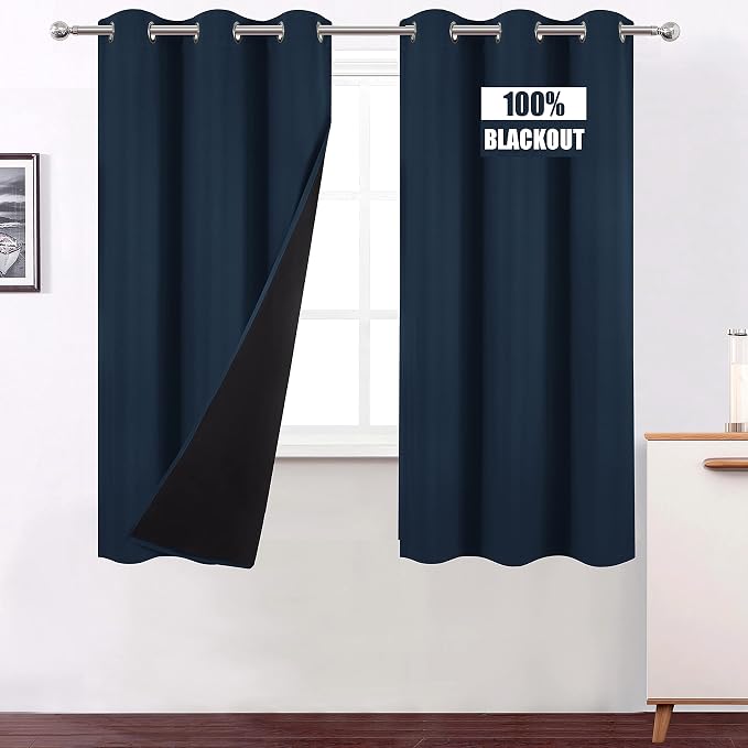 Navy Blue Thermal Blackout Curtains/40 x 72 Inch/Set of 2 Panels Room Darkening by Lemomo
