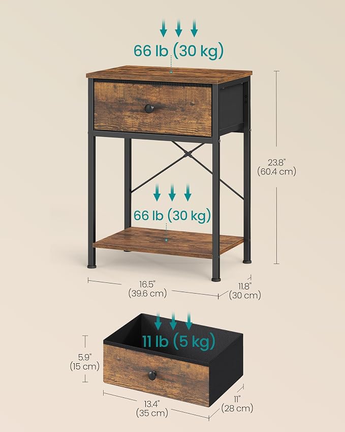 SONGMICS Bedside Table with Drawer, Nightstand with Lower Shelf | Side Table - Image 2