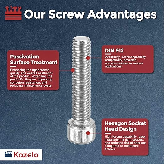 Kozelo 2pcs Socket Head Cap Screws - [M12-1.75 x 55mm] 304 Stainless Steel Allen Socket Drive for Electrical Motor 3D Printing Fan Engine Replacement Use, Silver