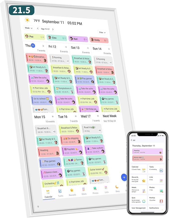 21.5 Inch Smart Digital Calendar – Electronic Chore Chart & Planner with 1920x1080P IPS Touchscreen, Weekly/Monthly Family Organizer for Wall or Desk, White 2025 New Version