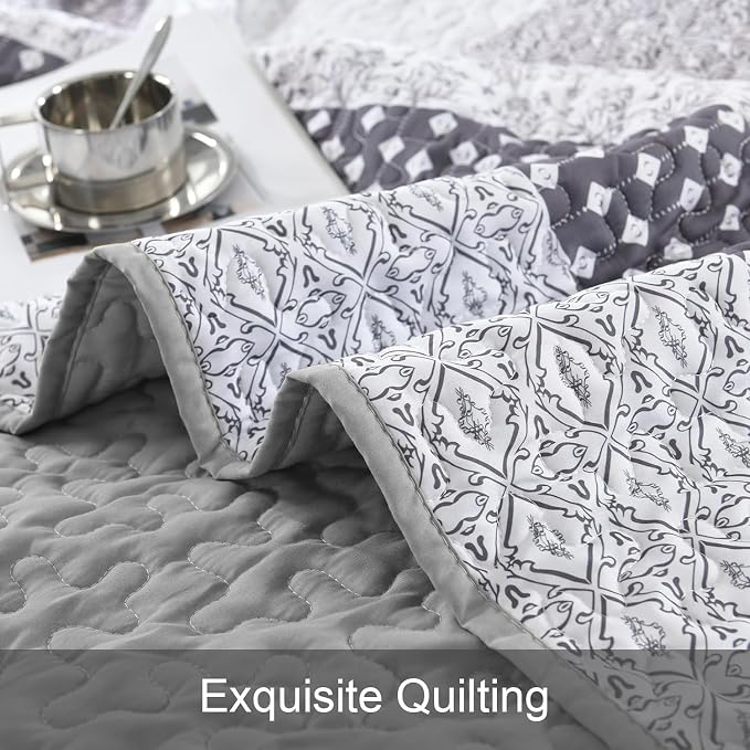 WONGS BEDDING Grey Full Size Quilt Set, Bohemian Striped Bedspreads | - Image 7