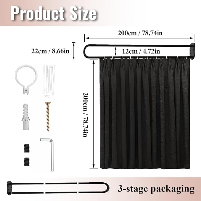 U-Shape Room Divide with Metal Support Rod, Wall Mounted Privacy Partition - Image 2