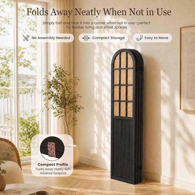 4 Panel Room Divider Privacy Screen Bamboo Wood Black | Folding Freestanding - Image 5