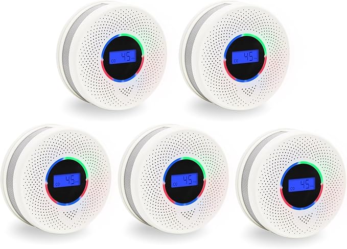 10-Year Battery Smoke and Carbon Monoxide Detector, 2-in-1 Smoke CO Alarm with Digital Display, Reliable Fire and CO Alarm for Home, Bedroom, Kitchen (5 Pack)