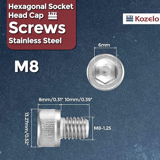 Kozelo 20pcs Socket Head Cap Screws - [M8-1.25 x 10mm] 304 Stainless Steel Allen Socket Drive for Electrical Motor 3D Printing Fan Engine Replacement Use, Silver