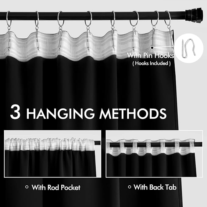 MIULEE Black Back Tab Blackout Curtains 52x132 Inch Length 2 Panels Set | Rod - Image 3