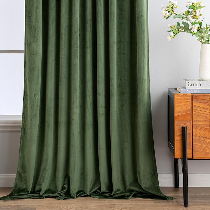 MIULEE Olive Green Velvet Pinch Pleat Blackout Curtains W52 X L90 Inches | 2 - Image 7
