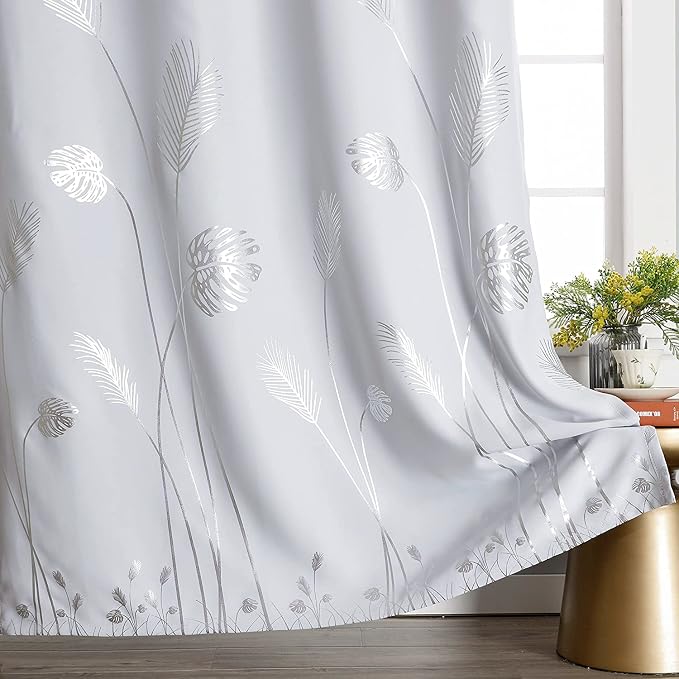 Greyish White Dining Room Curtain - 100W x 84L Inch Palm Print - Image 4