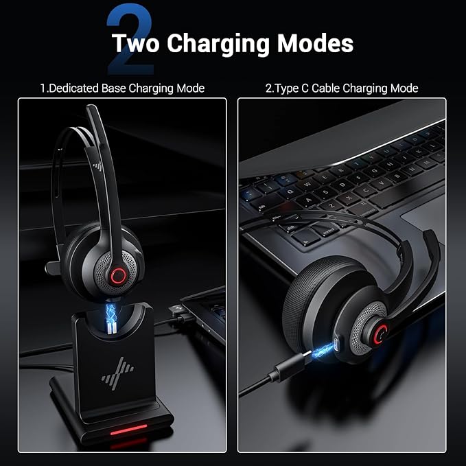 JIAMQISHI Bluetooth Headset - Wireless Headset with Noise Cancelling Microphone, V5.2 Computer Headphones with USB Dongle, Charging Base & Mic Mute for Work/Call Center/PC/Laptop/Online Class/Zoom