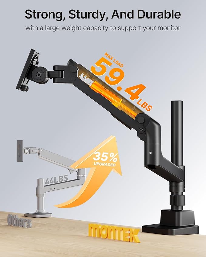 monTEK 17-57 Inch Ultrawide Monitor Arm for Up to 59.4lbs Screens, Aluminum Heavy-Duty Gas Spring Single Curved Screen Adjustable Monitor Stand,75/100mm Vesa Mount, Black