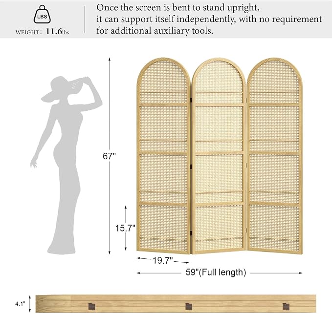 Rattan Room Divider with Built-in Bookshelf | Foldable Privacy Screen & - Image 2