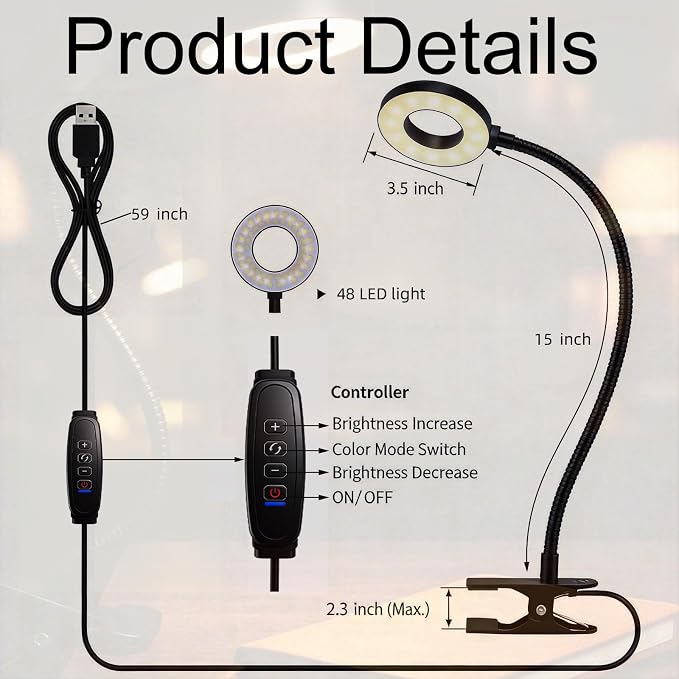 Reading lamp with Clamp, 3 Color Modes & 10 Brightness | Portable LED Desk Light - Image 3