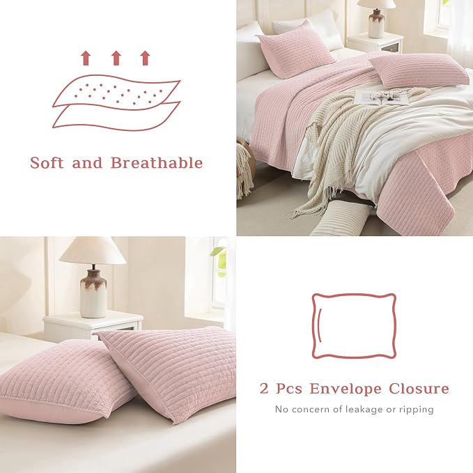 CozyTide Stone-Washed Cotton Queen Quilt, Blush Pink Stitching Pattern - Image 5
