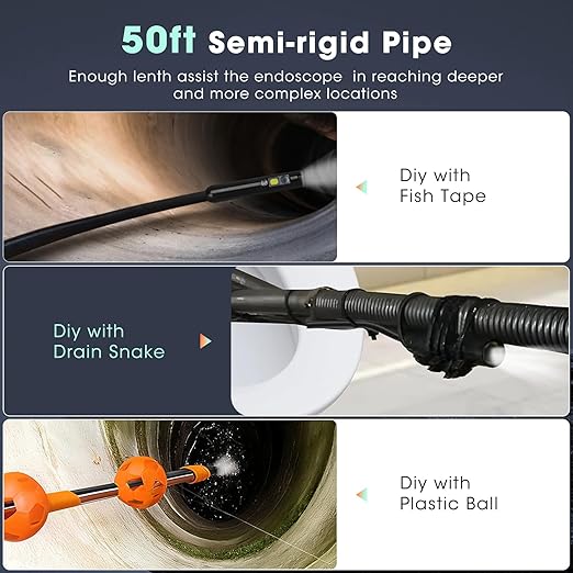 Epicmate Triple Lens Endoscope Camera with Light- 5" 1080P HD Handheld Borescope with 50FT Semi-Rigid Cable, Waterproof Sewer Inspection Camera with 32GB Card, Drain Plumbing Camera & Gifts for Men