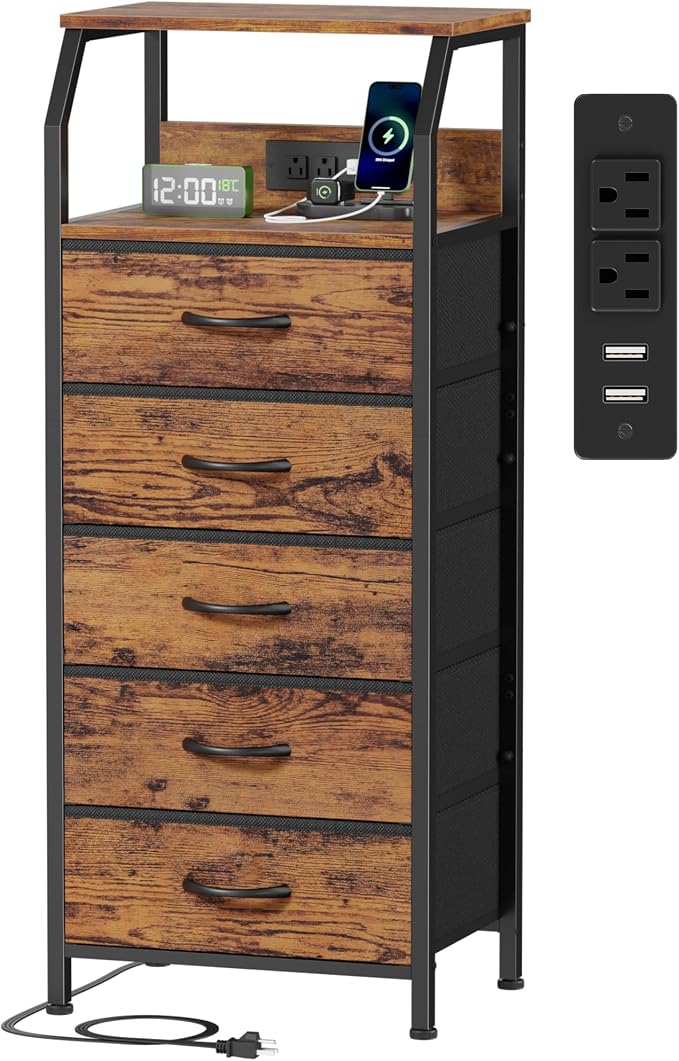 5 Drawers Dresser with Charging Station, Tall Nightstand, Fabric Chest of by Furnulem