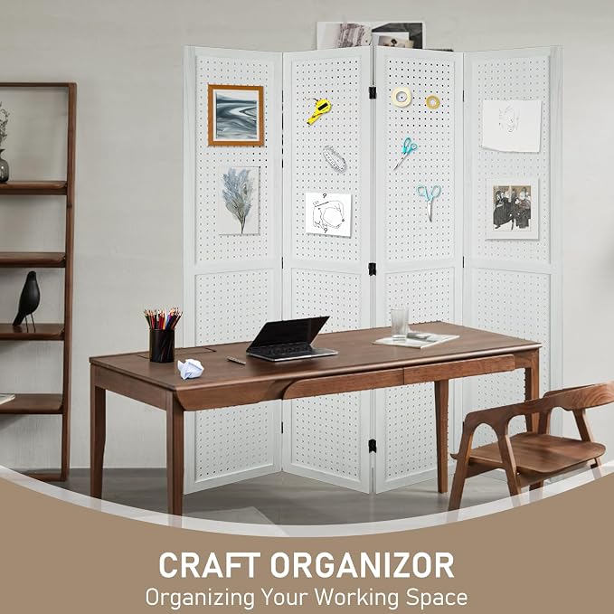 4 Panel Pegboard Room Divider | White Wood Folding Privacy Screen - Image 9