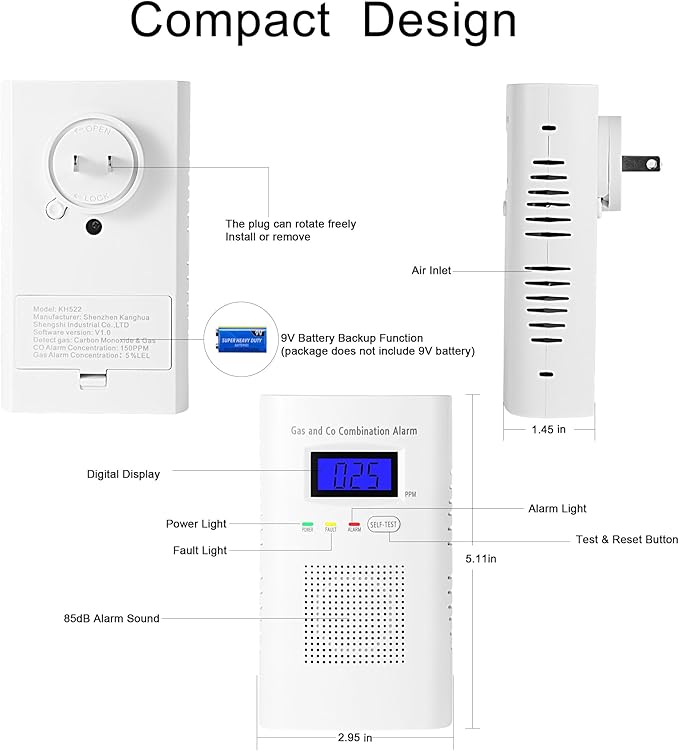 2 Packs Combination Gas & Carbon Monoxide Detector, Plug in Carbon Monoxide Alarm & Natural Gas Detector,Propane,Methane,with Backup 9V Battery Feature, Digital Display, for Home, Apartment, RV