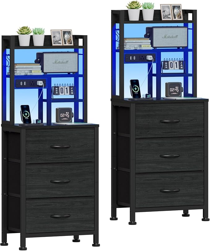 Black Nightstands Set of 2, Tall Night Stand by Furnulem