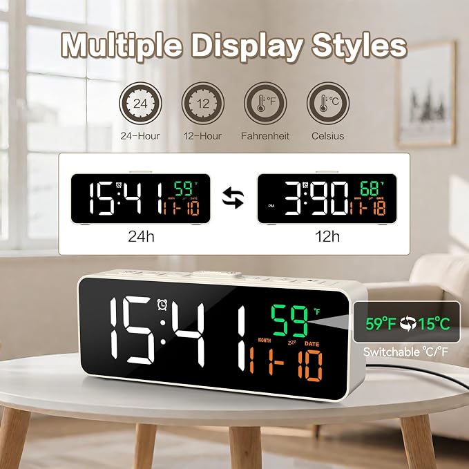 3-in-1 Digital Clocks for Living Room, Small & Compact Alarm Clock | Temperature - Image 2